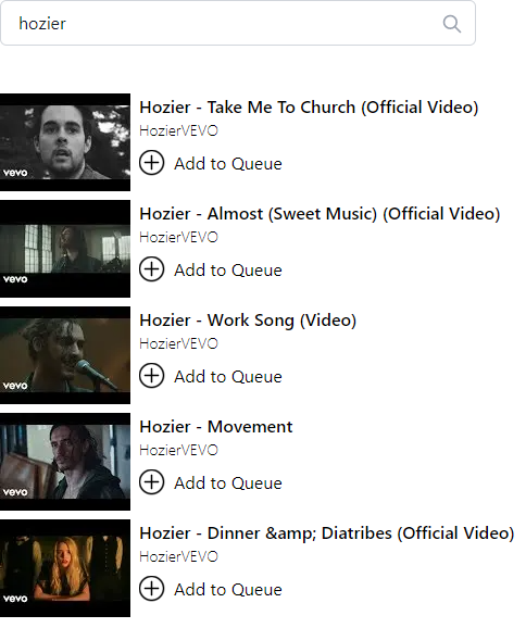 Search results for 'Hozier' with queue add button.
